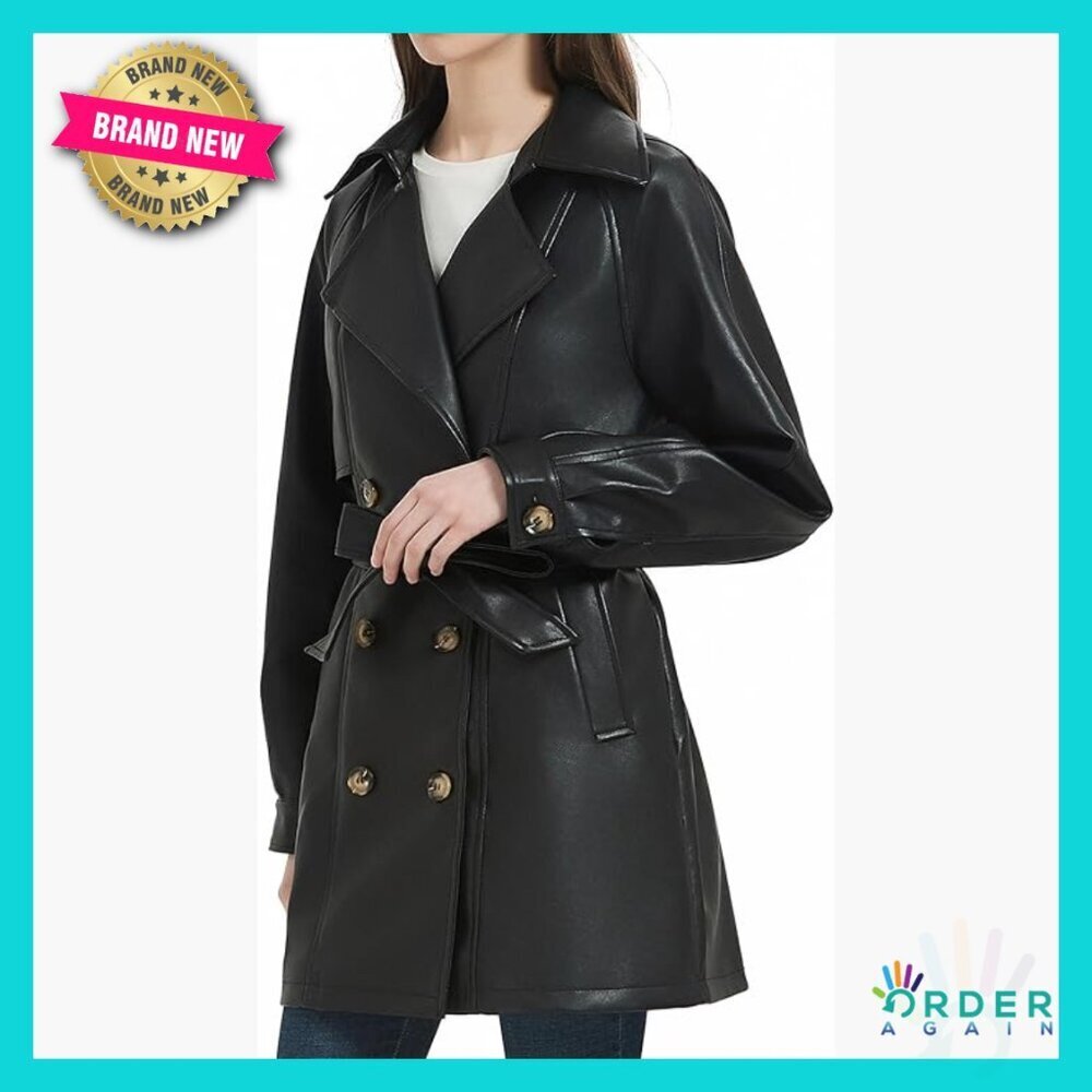 Faux Leather Trench Coat Double Breasted Loose Fit Modern Chic Belted